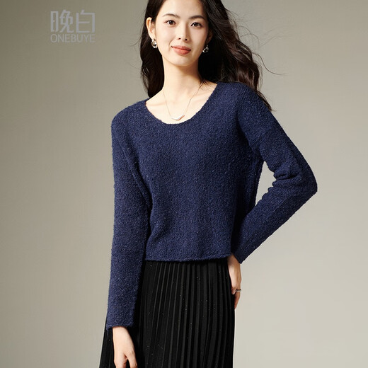 Late White 2025 Winter Premium Casual Sweater Temperament Loose Round Neck Wool Solid Color Sweater Women Dark Blue L