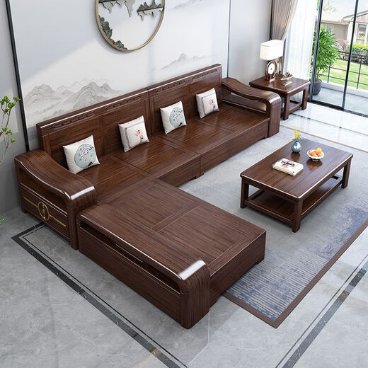 Shetan new Chinese solid wood sofa living room sofa combination purple sandalwood household small apartment living room sofa large sofa no-wash technology cloth cover 1+2+3+long coffee table+square table+TV cabinet