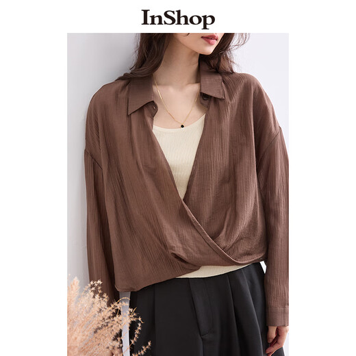 InShop shopping mall same style new women's atmosphere suspender top deep V long-sleeved shirt contrasting color two-piece set coffee color M