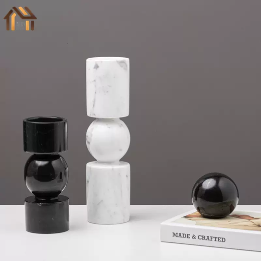 Yusenyi Modern Light Luxury Natural Marble Candle Holder Ornament Model Room Hotel Living Room TV Cabinet Dining Table Style 1 Black Ball