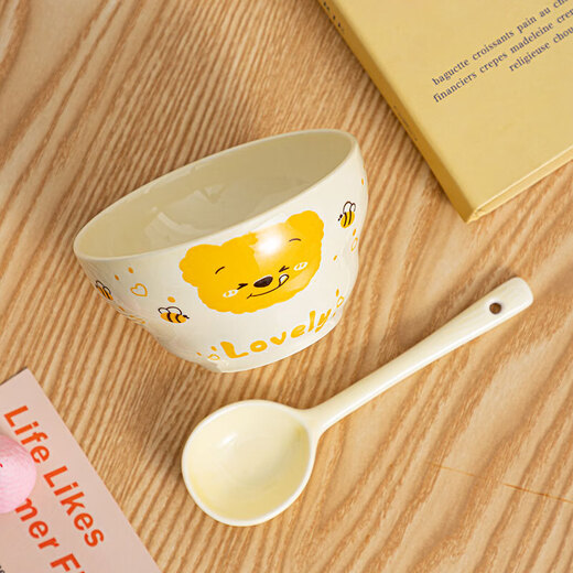 Cute gourd ceramic household cream rice bowl girl heart net salad cartoon hand-painted high-value heart bowl large capacity honey bear one bowl one spoon (2 colors random)