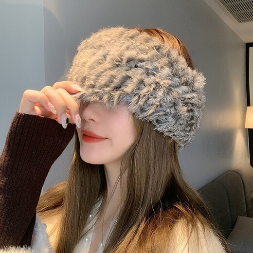 Qimei Lian forehead protection cold-proof fur hood autumn and winter warm windproof headband fashionable rabbit fur large head circumference sports ladies real rex rabbit fur beige