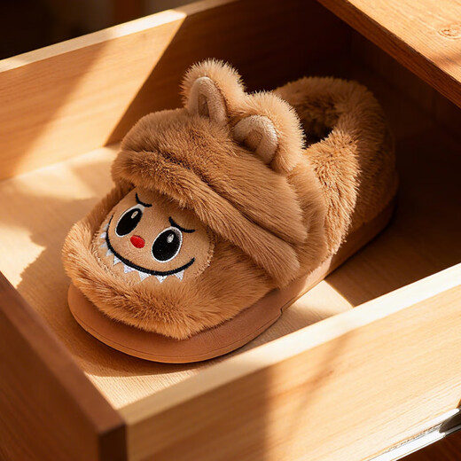 LAbubu Children's Cotton Slippers Winter Boys and Girls Indoor Warm Cartoon Velvet Anti-Slip Cotton Shoes with Heel Dark Brown Color 20 Inner Length cm 210 Size Suitable for Feet Length 19cm
