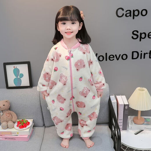 Children's coral velvet one-piece pajamas for autumn and winter girls' flannel sleeping bags for baby girls plus velvet and thickened rompers to keep warm Orange-double layer velvet and thickened 80