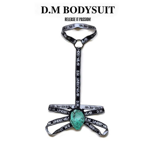 DM men's jumpsuit suspenders thong mesh breathable sexy double thongs sexy personality temptation men's underwear fluorescent green M100-115Jin Jin equals 0.5 kg