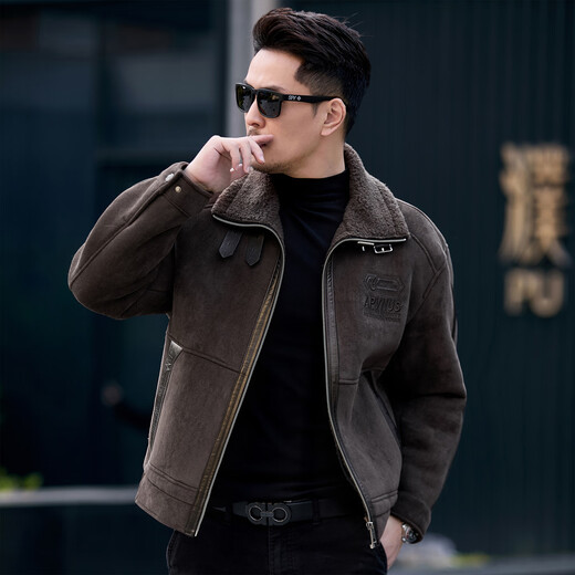 CJZ Parker Leather Jacket Men's Motorcycle Fur One-piece Lamb Shear Shear Warm Jacket Leather Jacket Men Gray L