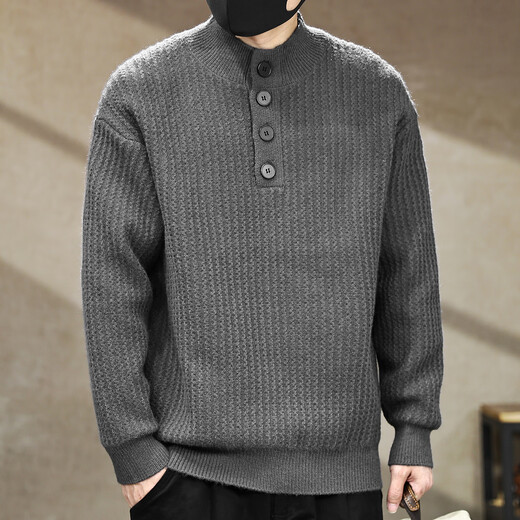Jingulai American retro heavyweight Henry collar sweater men's winter new warm velvet feel winter sweater men's sweater dark gray L weight 130-145Jin Jin is equal to 0.5 kg