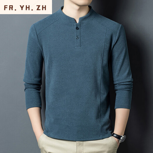 FR.YH.ZH Xuexi Clothing Men's Autumn and Winter Double-sided German Velvet Bottoming Shirt Men's Henley Collar Long Sleeve Stand Collar Sweater Fashion Black 2XL 150-165Jin Jin is equal to 0.5 kg