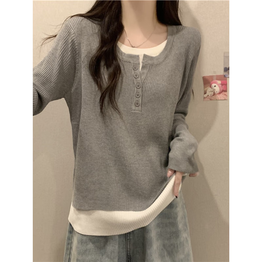 Plus size women's right shoulder fake two-piece top spring and autumn new fat mm slim long-sleeved T-shirt for women with inner layering shirt for women Gray M 99-115Jin Jin is equal to 0.5 kg Select