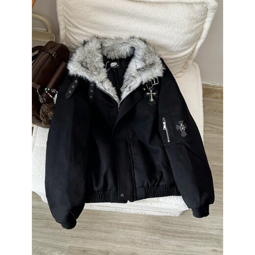 Shelley Jones Black American Retro Cross Mountain Carving Jacket Cotton Jacket Men's Winter Thickened Warm Fur Collar Cotton Jacket Black XL Recommended 120-140Jin Jin is equal to 0.5 kg