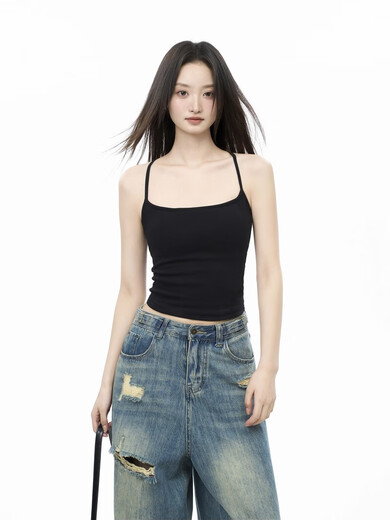 IiiamX navy blue camisole with breast pads for women 2025 summer beautiful back underwear with hot girl tops black S recommended 85-100Jin Jin is equal to 0.5 kg