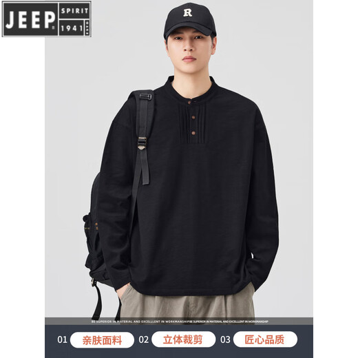 JEEP SPIRIT fashionable and versatile Henry collar skin-friendly cotton long-sleeved T-shirt men's spring and autumn new loose casual bottoming shirt sweatshirt jacket dark gray L