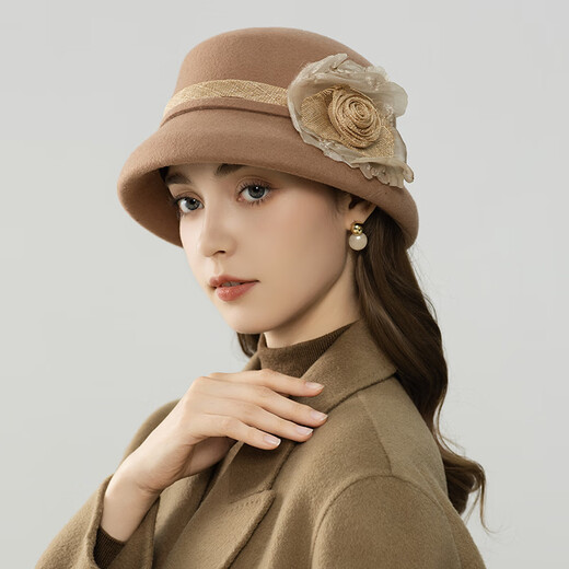 Lanshimengdai 2025 new French retro wool basin hat fashionable flower decoration top hat versatile hat autumn and winter women elegant khaki 56-58cm