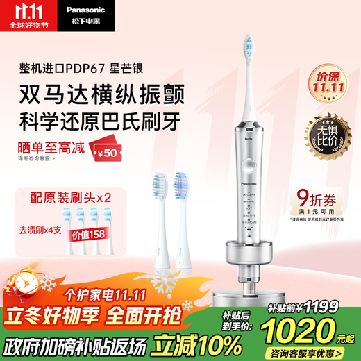 Panasonic electric toothbrush imported dual motors horizontal and vertical sweep vibration suspension charging deep seam adult couple gift box birthday gift for men's girlfriend PDP67 silver state subsidy