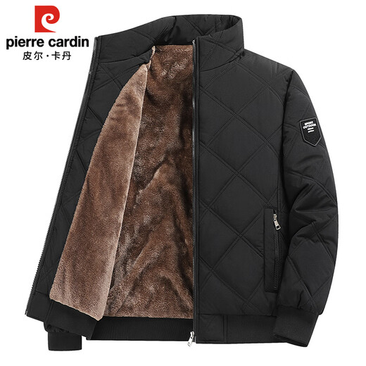 Pierre Cardin cotton-padded jacket for men in autumn and winter, thickened velvet and warm cotton jacket, loose casual cold-proof clothing, cotton-padded jacket for men, black 2XL