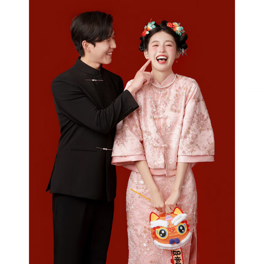 LNGA LANDGRE Pink Cheongsam Toast Wear Bridal Engagement Dress Skirt Women New Chinese Suit Can Wear Temperament Three Quarter Sleeves Pink M2505 XL