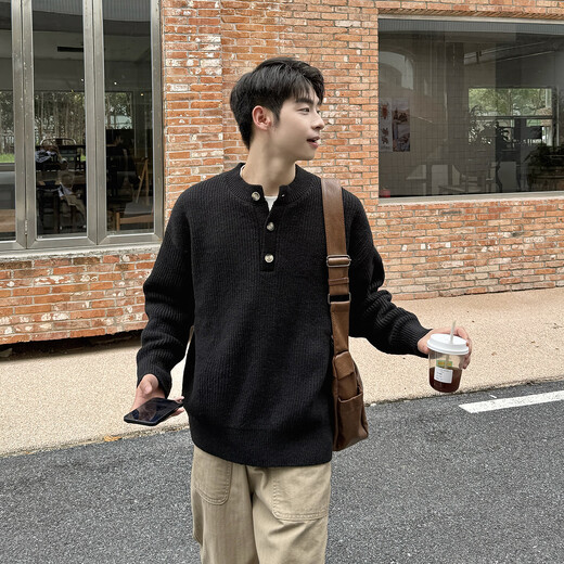 FOG SKY sweater men's autumn and winter black Henry collar half cardigan loose American versatile lazy style knitted top BGM-JM25821 black L (recommended 110-130Jin Jin equals 0.5 kg)