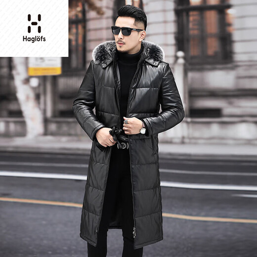 Matchstick extra long knee-length leather jacket for men, sheepskin jacket, hooded leather windbreaker, fur collar, thickened leather jacket, winter trendy black M