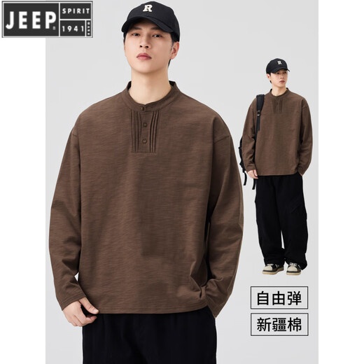 JEEP SPIRIT fashionable and versatile Henry collar skin-friendly cotton long-sleeved T-shirt men's spring and autumn new loose casual bottoming shirt sweatshirt jacket dark gray L