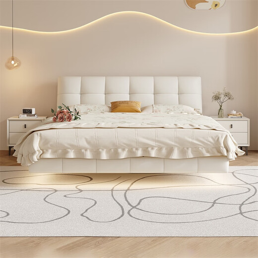 Eurasian Royal Nest Bed French Cream Style Suspended Bed Cloud Puff Bed Modern Simple Leather Master Bedroom Double Marriage Bed Single Bed (Newly Upgraded Pine Wood Frame) 1.8*2m Luxury Version丨Lighted Structure 10CM Steel Wood Rift Frame