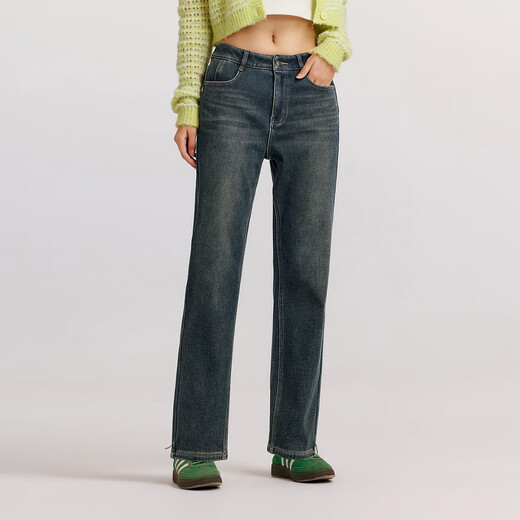 Semir jeans for women, winter velvet distressed trousers for girls, warm and leggy, ins trendy straight pants 103724124011