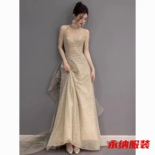 Mei Anjia champagne color evening dress women's new high-end niche art test host adult ceremony toast dress bride engagement dress champagne color 2XL