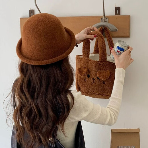 Zhenxi curled edge winter hat women's wool fisherman hat autumn and winter new high-end warm and face-showing small top hat dome hat brown caramel (including wool)