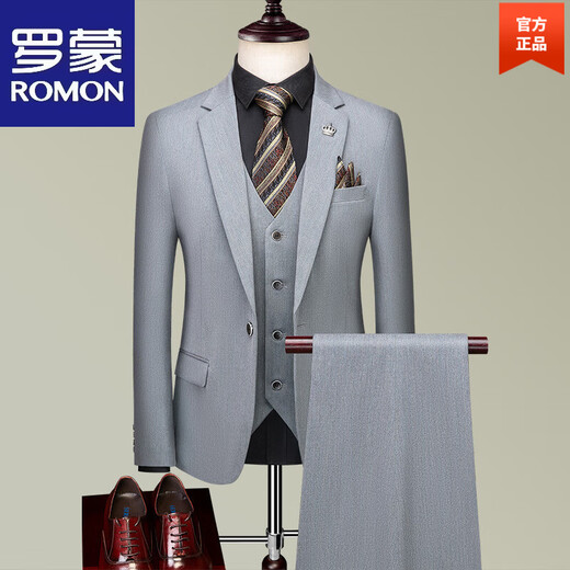 ROMON suit men's high-end suit business casual professional fit-fitting trendy no-iron anti-wrinkle three-piece dress light gray-15 2XL