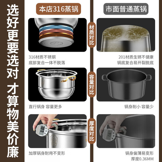 Fat Donglai's same stainless steel steamer household 316 food-grade cooking pot multi-function induction cooker gas universal flagship model two-layer thickened food grade 30cm