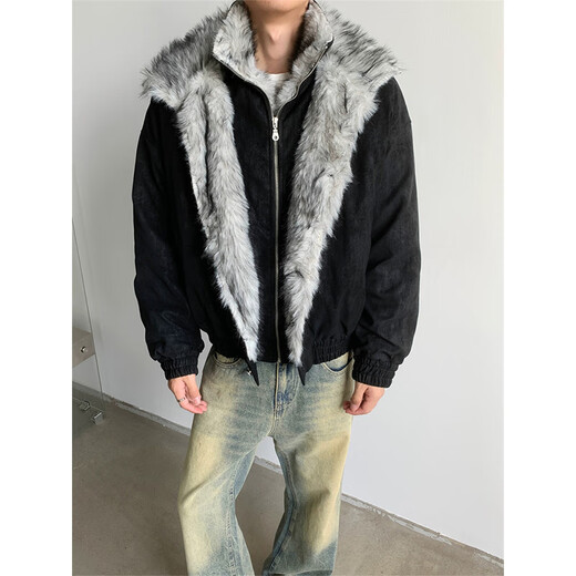 Luyal American fake two-piece Wolf Throne mountain carving cotton jacket for men in winter, warm and thickened, temperamental and warm, high-grade cotton jacket, black XL, it is recommended to take one size larger