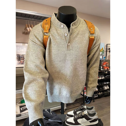 Gray American Henry collar knitted sweater for men in winter, lazy style cleanfit inner base sweater jacket, light gray M M95-115Jin Jin is equal to 0.5 kg