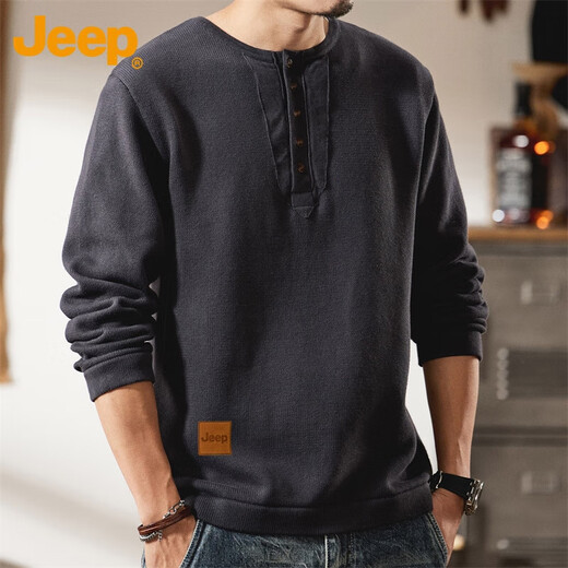 Jeep (JEEP) Sweater Men's Knitted Bottoming Shirt 2024 Winter Casual Henley Collar Heavy Long Sleeve T-Shirt Men's Spring 2319 Blue Gray Jeep Official S_70-89Jin Jin is equal to 0.5 kg