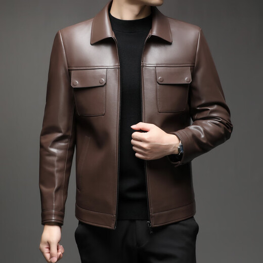 KBXNG Jinba Lapel Pocket Motorcycle Handsome Genuine Leather Jacket Men's Youth Popular Velvet Large Size Haining Military Work Suit Black Genuine Leather Counter Quality M 80-100Jin Jin is equal to 0.5 kg
