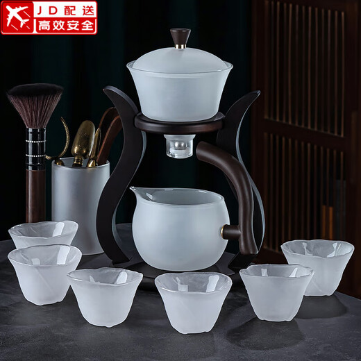 Zhengyang Cloud Mist Glass Automatic Tea Set Home Kung Fu Teapot Hammer Pattern Heat Resistant Lazy Magnetic Second Water Dispensing Tea Tray Yunwu invites the moon + 6 auspicious cups + tea ceremony