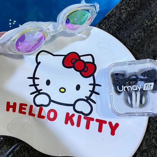 Hello kt swimming cap for women, special waterproof, long hair, big head circumference, high elasticity, cute swimming cap, good appearance, white Kitty cat swimming cap + pink nose clip earplugs, long-wearing, waterproof and anti-chlorine