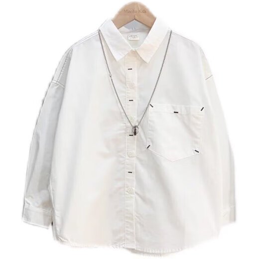 Cool and handsome loose white shirt for boys 2025 new spring and autumn medium and large children black long-sleeved casual lapel top white 140