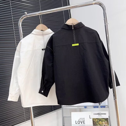 Cool and handsome loose white shirt for boys 2025 new spring and autumn medium and large children black long-sleeved casual lapel top white 140