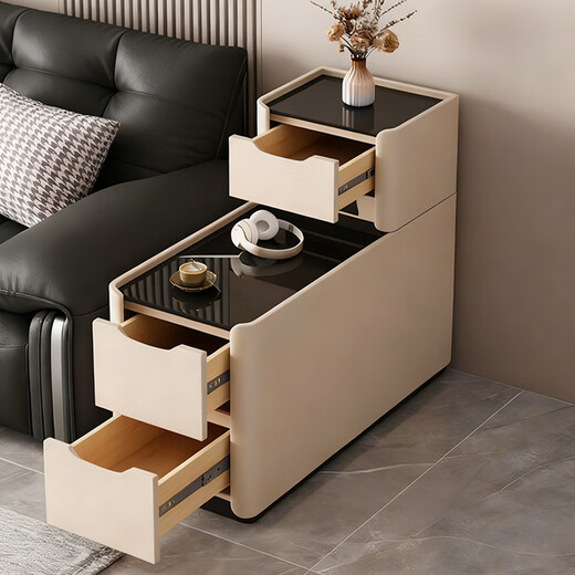 Hexuan living room sofa side cabinet multi-functional modern simple solid wood storage cabinet ultra-narrow light luxury sofa side table with socket cream color shipped in one package 30*80*85cm