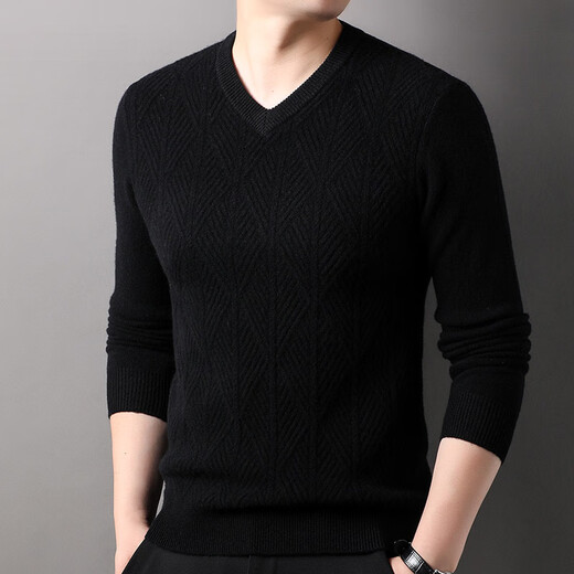 Ordos city's new autumn and winter pure cashmere sweater v-neck cashmere sweater men's high-end jacquard medium thick chicken heart produced in Ordos city - black L 175