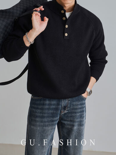 Wool blended GUFASHION autumn and winter wicker raglan henley collar sweater men's half turtleneck sweater black M M