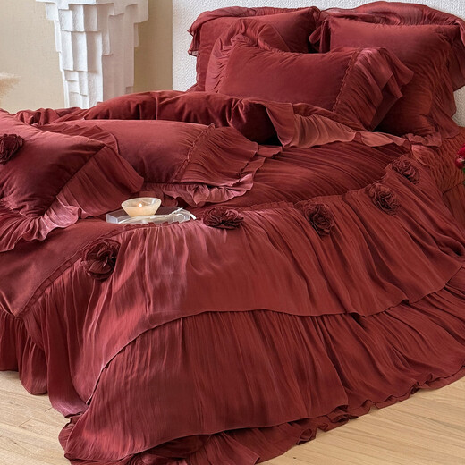 Fantasy wedding four-piece milk velvet festive quilt cover big red baby velvet bed sheet bed cover dowry rose melody-red bed sheet 1.8m bed sheet four-piece set quilt cover 200x230