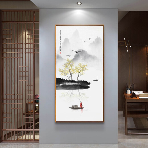 Zilang Zen decorative painting new Chinese style hanging painting entrance vertical mural hotel tea room corridor aisle wall ink landscape painting 03-autumn 70*140 wood grain yellow frame (PS frame + canvas)