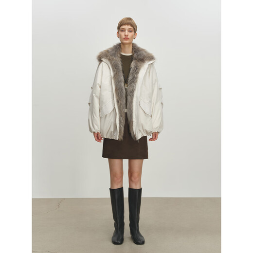 MSBEAST Miss Beast Temperature-locking raccoon fur collar + 90 white goose down silhouette down fur pie jacket丨Snow Traveler Cream White S