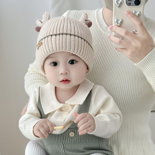 Baby Hat Autumn and Winter Pure Cotton Baby Antler Knitted Hat Thickened Warm Winter Infant and Child Wool Hat MY J Antler Straight Tong Hat - Beige One Size Recommended 5 months - 3 years old Head circumference 44-51cm