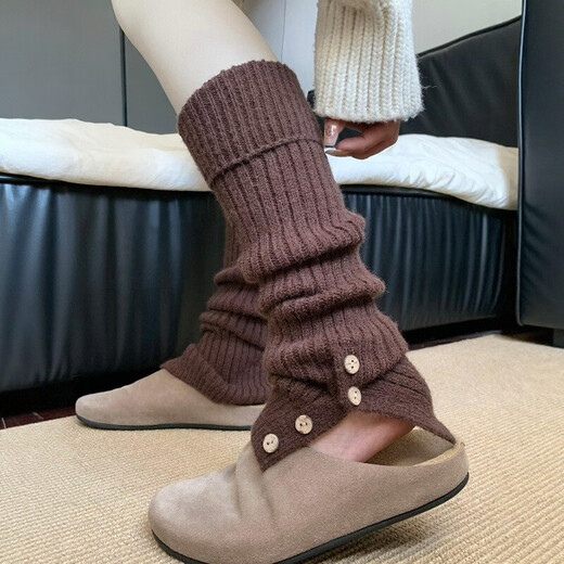 Autumn and winter Dui Dui Sock Covers Women's Button Slit Slightly Flared Calf Socks Leg Covers Vertical Stripes Thickened Warm Over-the-Knee Stockings Dark Gray One Size