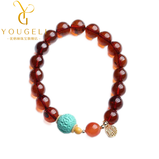 Yogurt natural blood amber southern red single circle amber bracelet turquoise pattern beads Lutongfu brand bracelet for women 8MM blood amber
