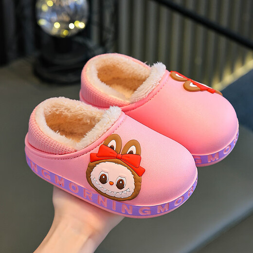 Children's cotton slippers bag with autumn and winter 3-6 years old cute lab cloth plush warm waterproof indoor home cotton shoes pink cotton slippers plus velvet size 24-25 inner length 15CM 2-3 years old