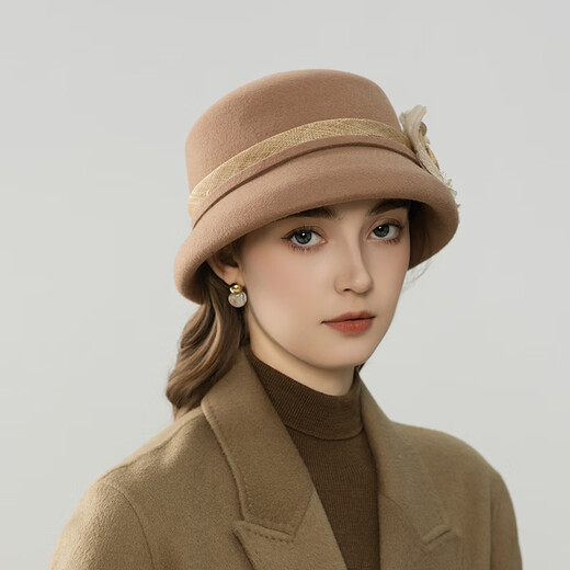 Lanshimengdai 2025 new French retro wool basin hat fashionable flower decoration top hat versatile hat autumn and winter women elegant khaki 56-58cm