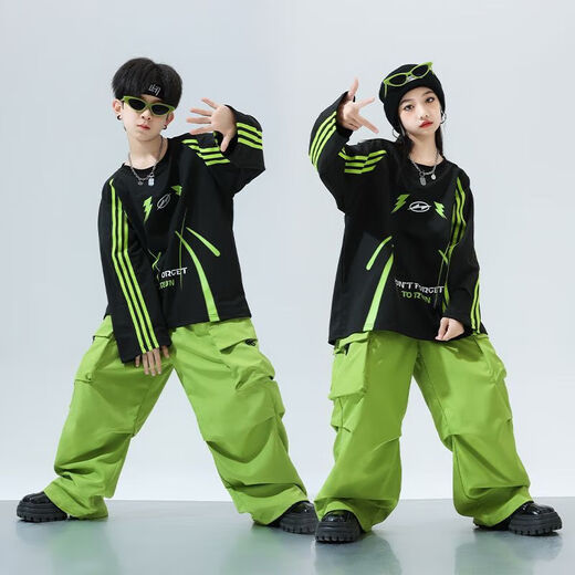 Midelei Street Dance Children's Trendy Clothing Hip-Hop Boys' Performance Clothes New Year's Day Clothes Spring Autumn and Winter Loose Girls' Games Class Clothes Performance A565 Black and Green Sweater + 976 Fluorescent Green Pants + LH Headband 110