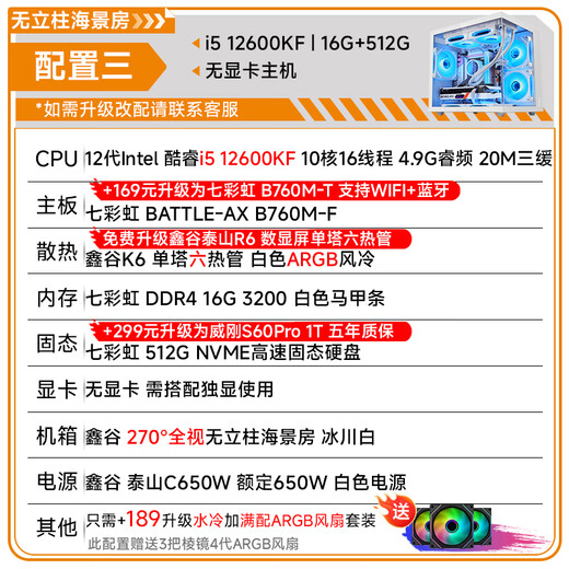 Xingu graphics cardless host i5 14600KF/12600KF/13400F/12490F complete machine pure white sea view room computer host desktop gaming computer assembly optional configuration three i5 12600KF graphics cardless host